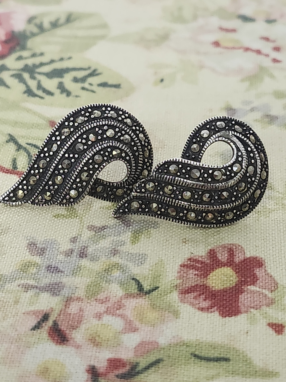 Sterling Marcasite Teardrop Wave Stud Earrings FAS .925